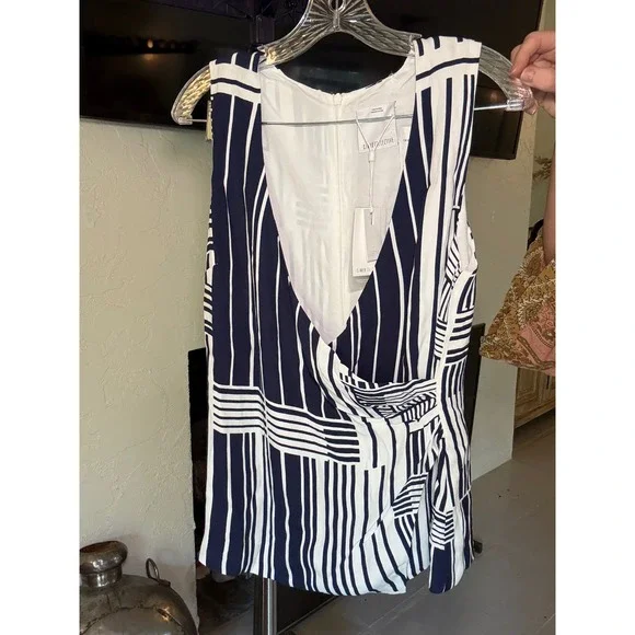 NWT C/MEO COLLECTIVE Night Air Top Navy Grid Geometric Stripe Wrap Blouse Small - Picture 3 of 8